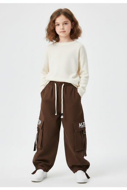 Pantalon Marron Cargo Ample Sportif Molletonné Enfant