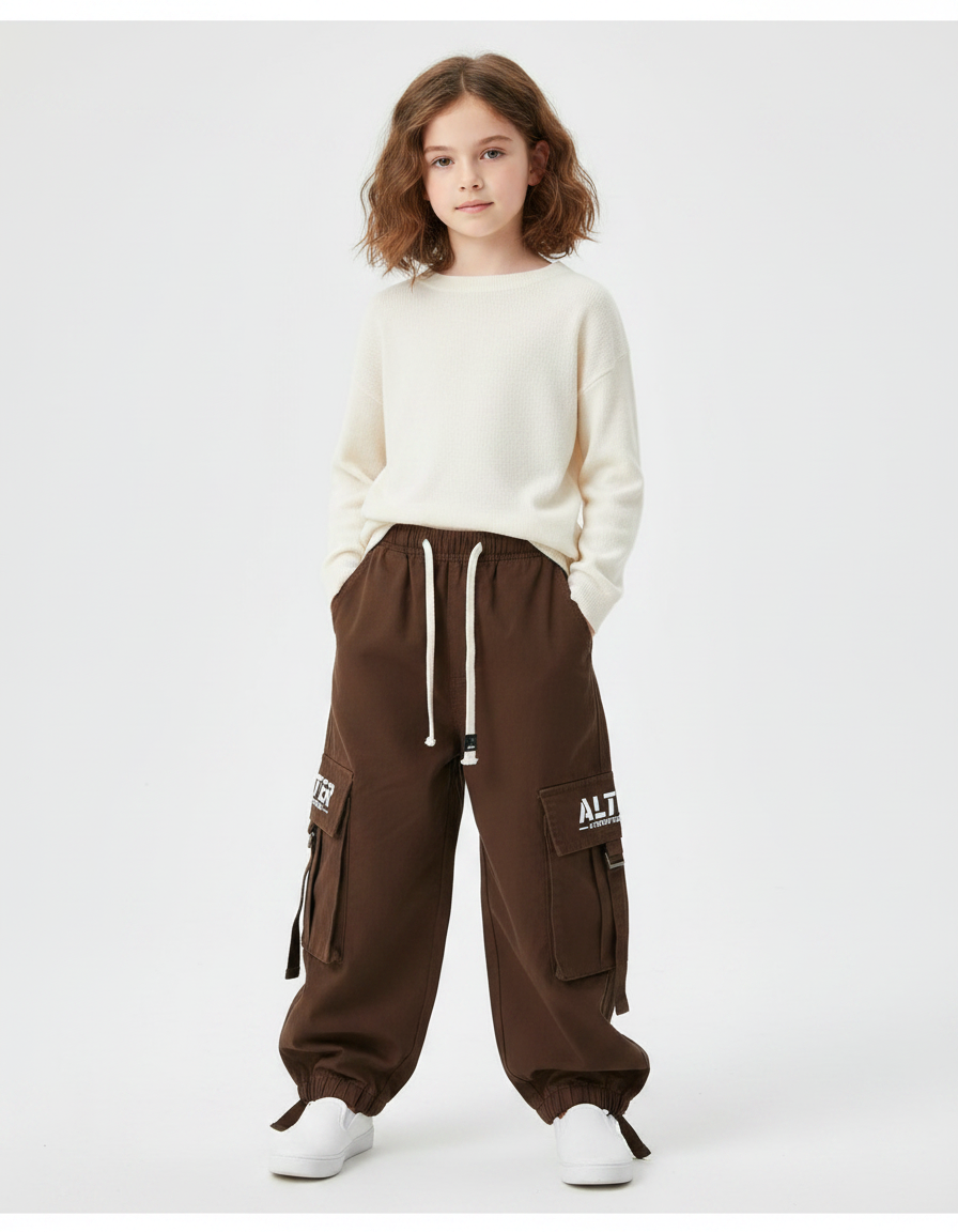 Pantalon Marron Cargo Ample Sportif Molletonné Enfant