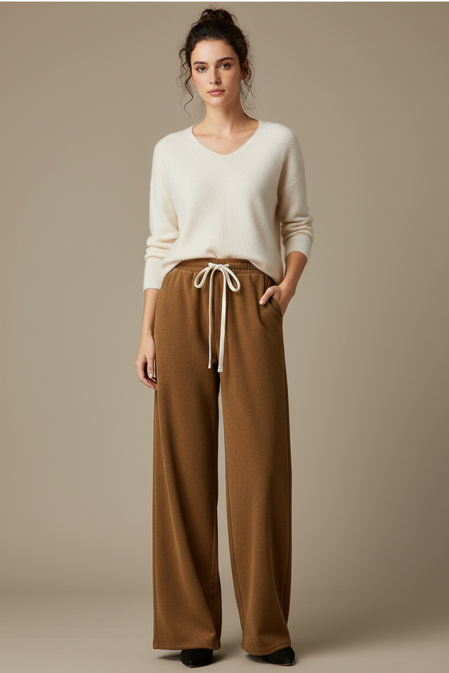 Pantalon Marron Large Taille Haute Décontracté Fluide - Molleton