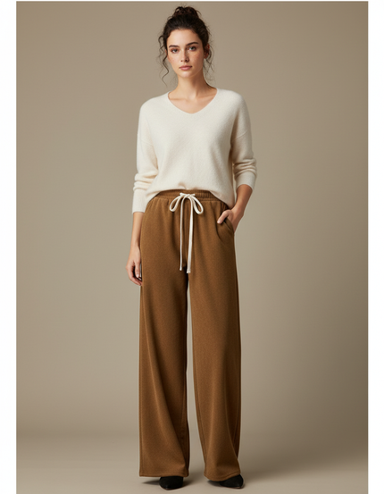 Pantalon Marron Large Taille Haute Décontracté Fluide - Molleton