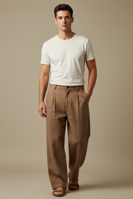 Pantalon Marron Ample Lin Coton Décontracté Droit