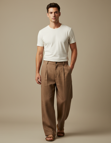 Pantalon Marron Ample Lin Coton Décontracté Droit