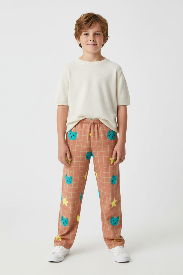 Pantalon Marron À Carreaux Chats Étoiles Ample Enfant - Molleton
