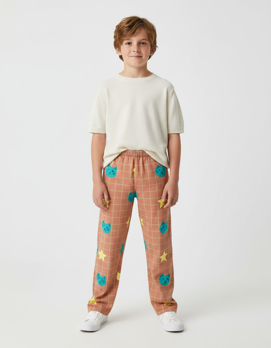 Pantalon Marron À Carreaux Chats Étoiles Ample Enfant - Molleton