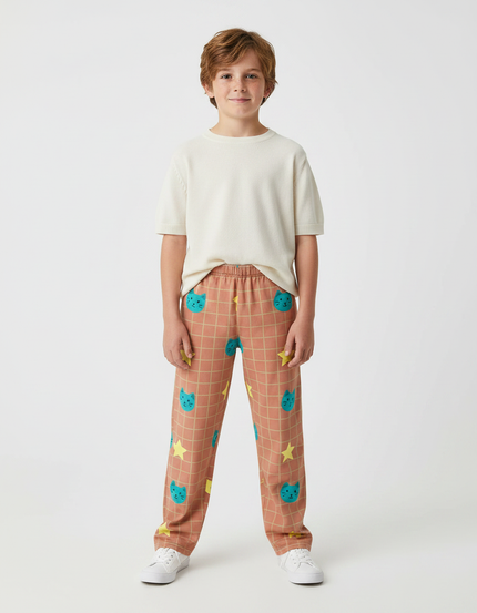 Pantalon Marron À Carreaux Chats Étoiles Ample Enfant - Molleton
