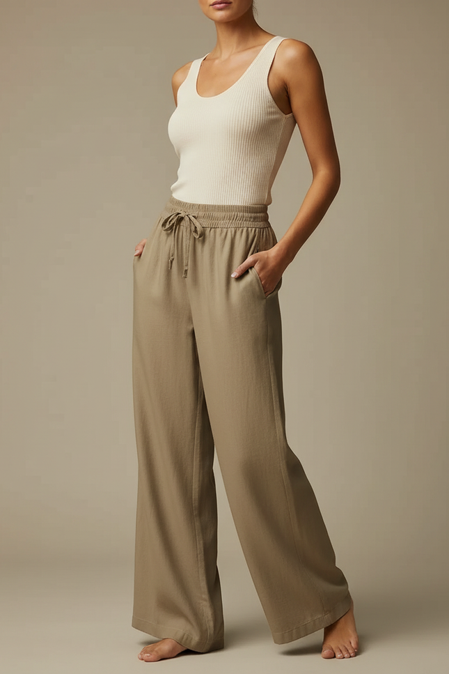 Pantalon Marron Lin Ample Taille Élastique Femme - Kaki