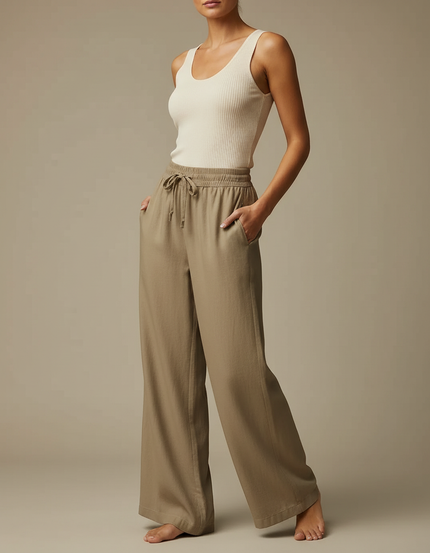 Pantalon Marron Lin Ample Taille Élastique Femme - Kaki