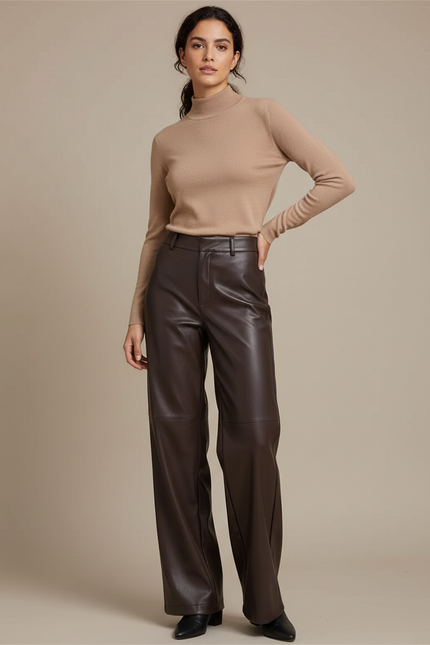 Pantalon Marron Cuir PU Ample Élégant Femme - Simili cuir