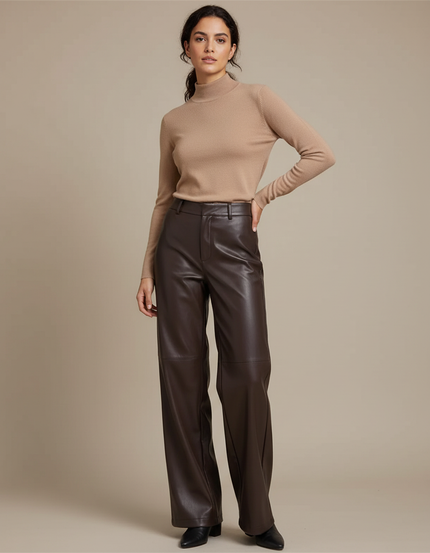 Pantalon Marron Cuir PU Ample Élégant Femme - Simili cuir