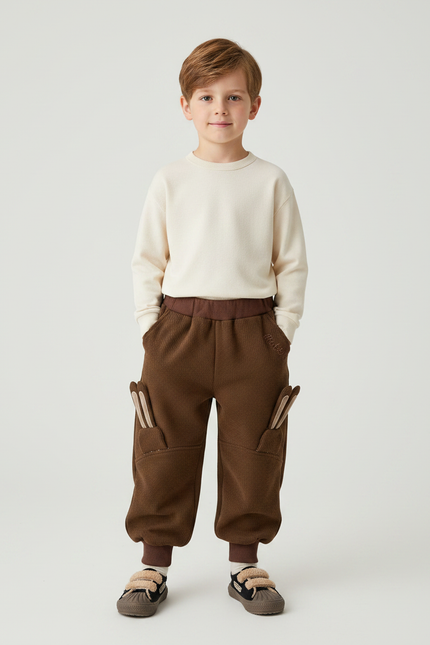 Pantalon Marron Enfant Côtelé Ample Décontracté Chaud - Cordé