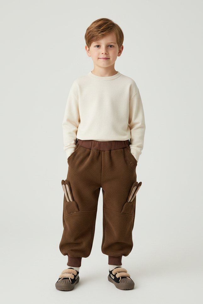 Pantalon Marron Enfant Côtelé Ample Décontracté Chaud - Cordé