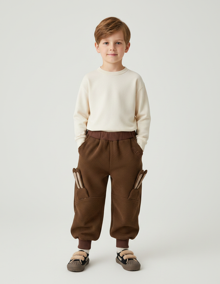 Pantalon Marron Enfant Côtelé Ample Décontracté Chaud - Cordé