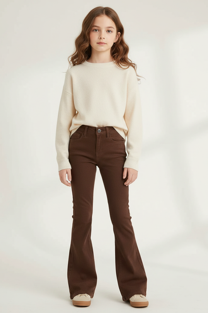 Pantalon Marron Évasé Confortable Taille Haute Fille - Gabardine