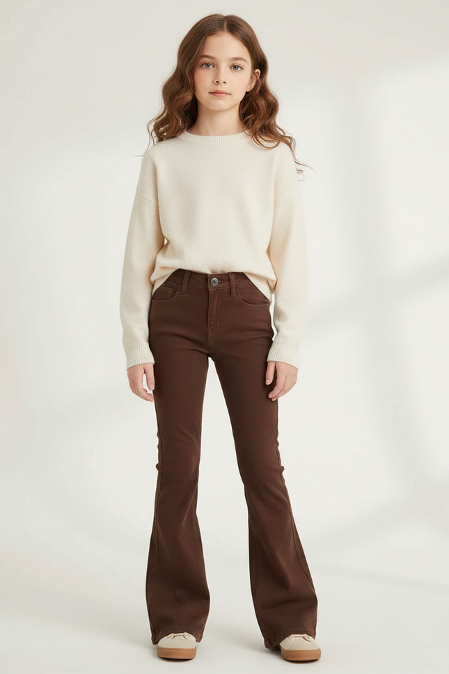 Pantalon Marron Évasé Confortable Taille Haute Fille - Gabardine
