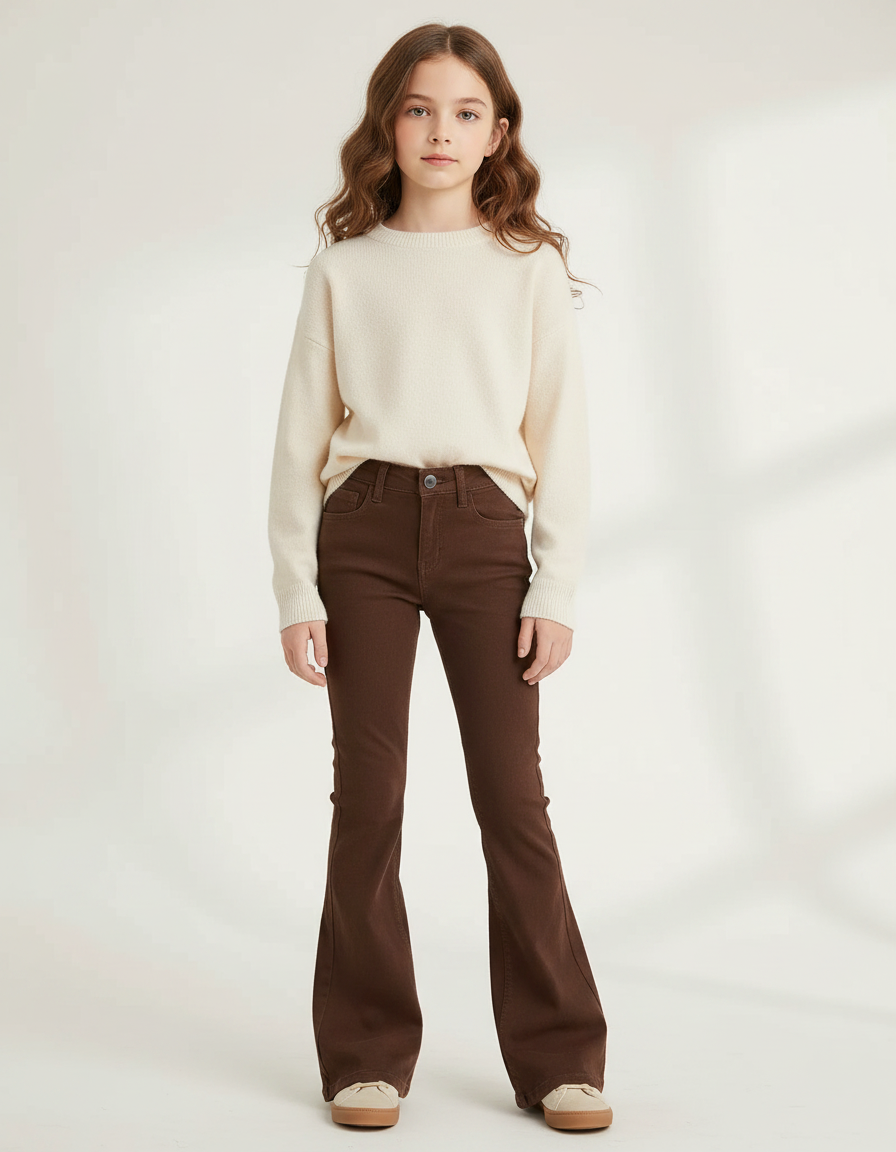 Pantalon Marron Évasé Confortable Taille Haute Fille - Gabardine
