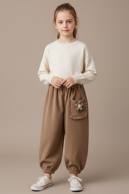 Pantalon Marron Côtelé Ample Fleur Fille Confortable - Camel Cordé