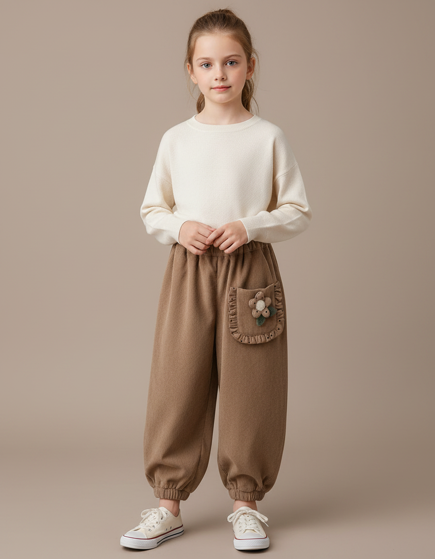 Pantalon Marron Côtelé Ample Fleur Fille Confortable - Camel Cordé