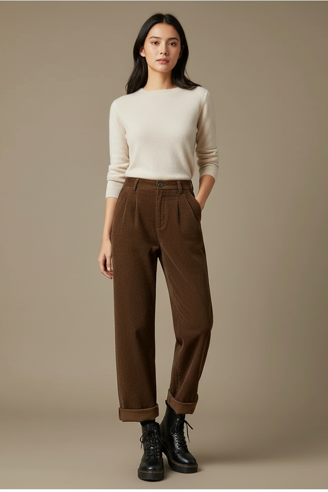 Pantalon Marron Côtelé Large Décontracté Vintage Femme - Cordé