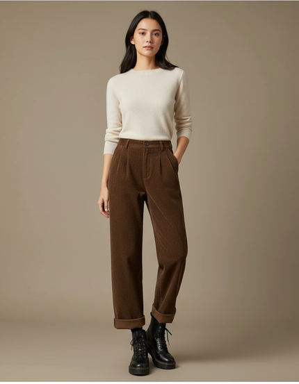 Pantalon Marron Côtelé Large Décontracté Vintage Femme - Cordé