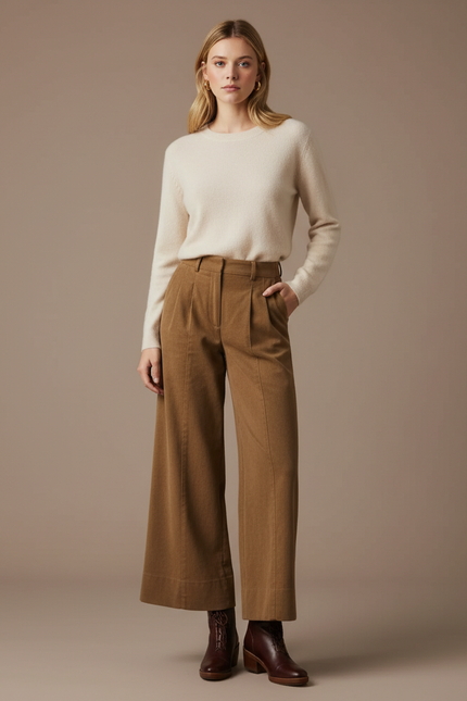 Pantalon Marron Velours Côtelé Ample Plissé Élégant - Cordé