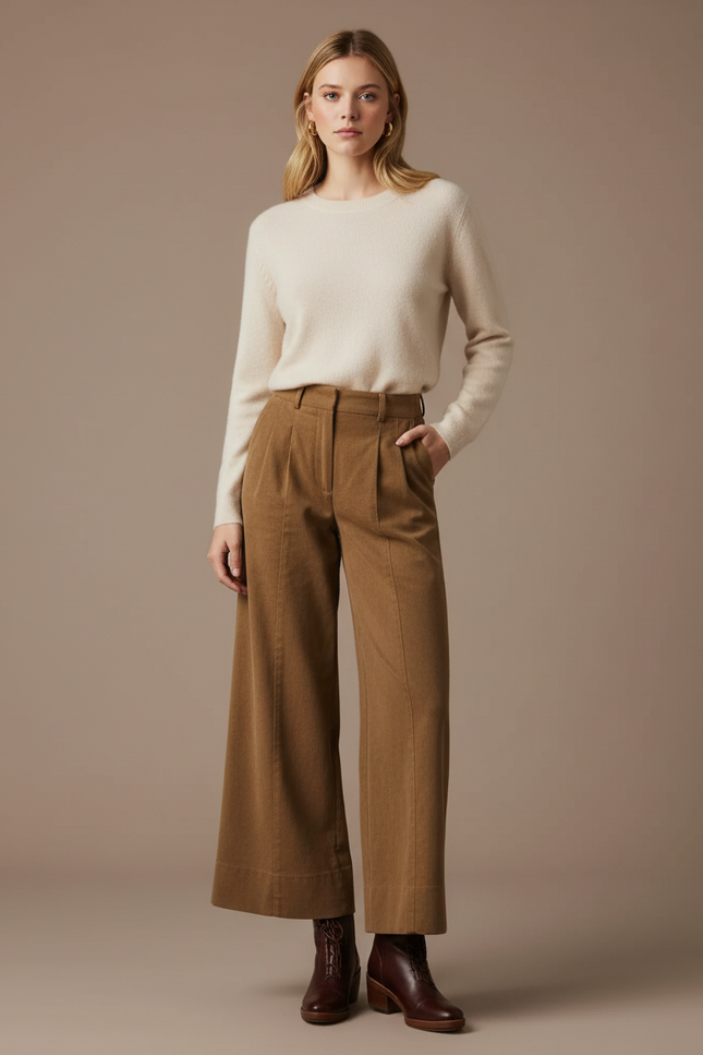 Pantalon Marron Velours Côtelé Ample Plissé Élégant - Cordé