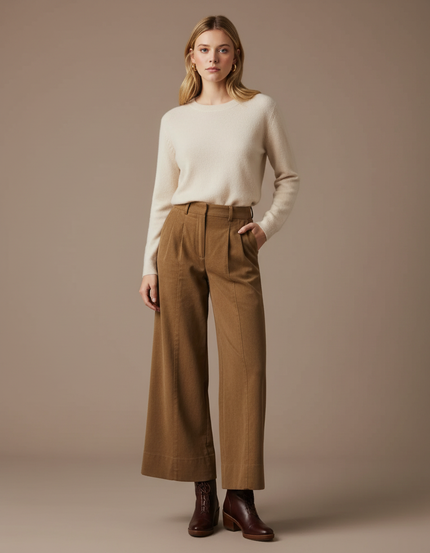 Pantalon Marron Velours Côtelé Ample Plissé Élégant - Cordé