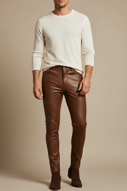 Pantalon Marron Cuir Skinny Clous Homme