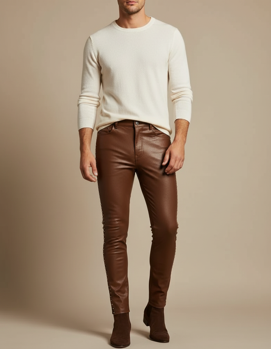 Pantalon Marron Cuir Skinny Clous Homme