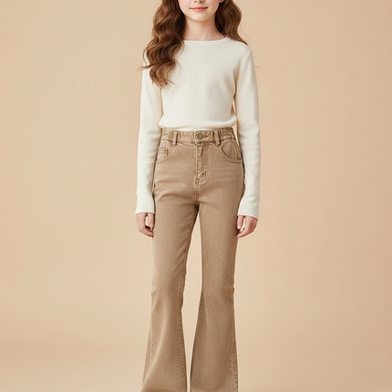 Pantalon Marron Flare Denim Vintage Fille Taille Haute - Jean