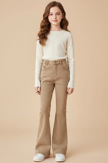 Pantalon Marron Flare Denim Vintage Fille Taille Haute - Jean