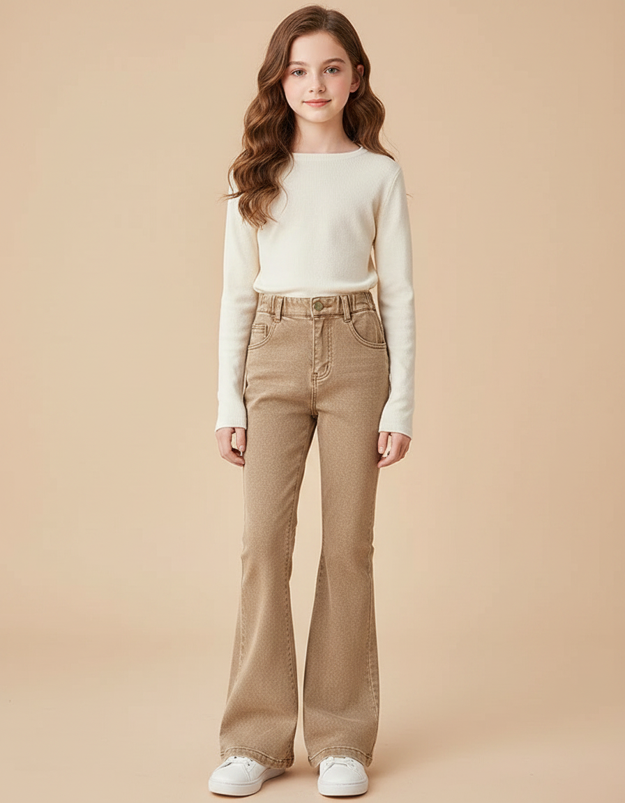 Pantalon Marron Flare Denim Vintage Fille Taille Haute - Jean