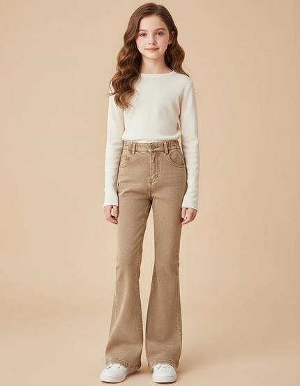 Pantalon Marron Flare Denim Vintage Fille Taille Haute - Jean