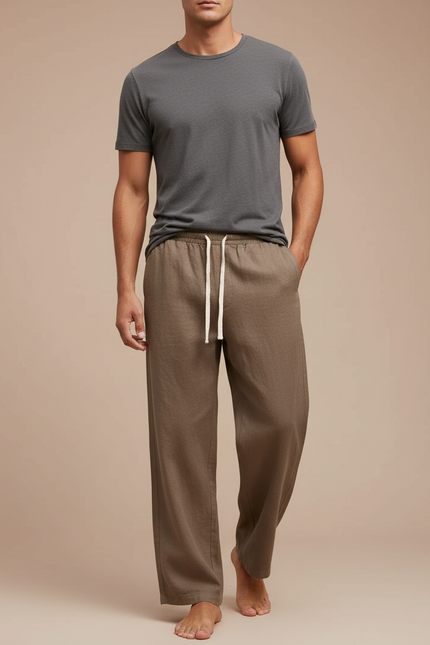 Pantalon Marron Lin Coton Ample Décontracté Droit Homme - Kaki