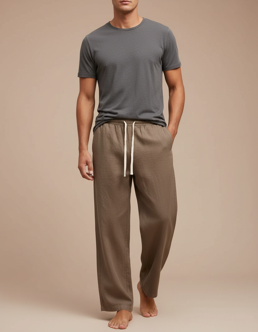 Pantalon Marron Lin Coton Ample Décontracté Droit Homme - Kaki