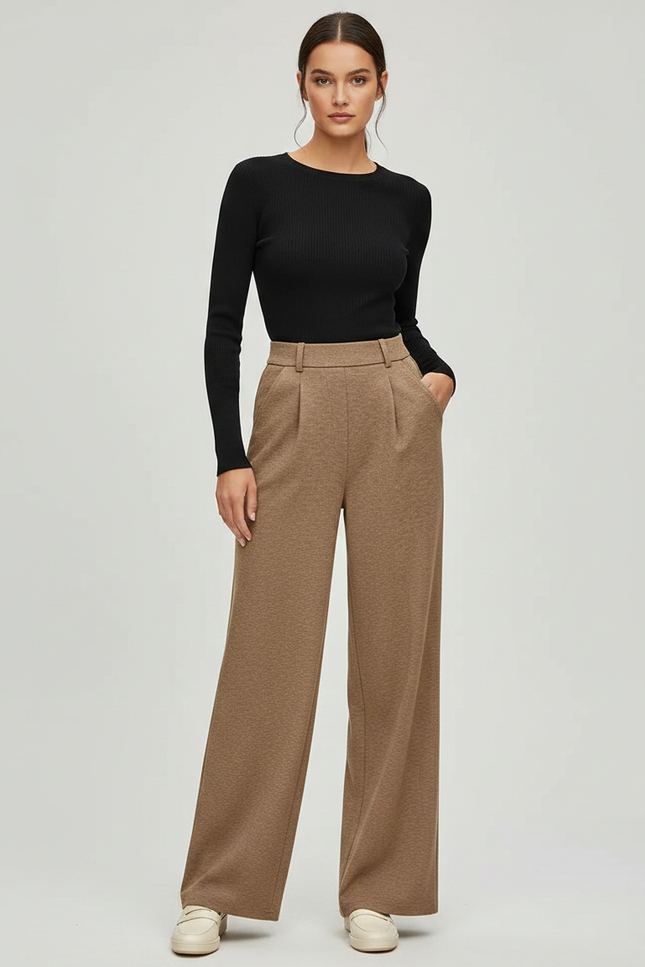 Pantalon Marron Ample Plissé Décontracté Élégant Femme - Maille