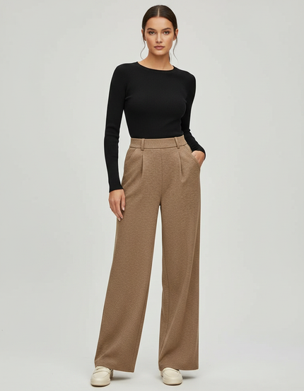Pantalon Marron Ample Plissé Décontracté Élégant Femme - Maille