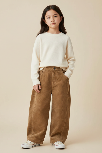 Pantalon Marron Côtelé Ample Droit Enfant Décontracté - Cordé