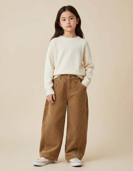 Pantalon Marron Côtelé Ample Droit Enfant Décontracté - Cordé