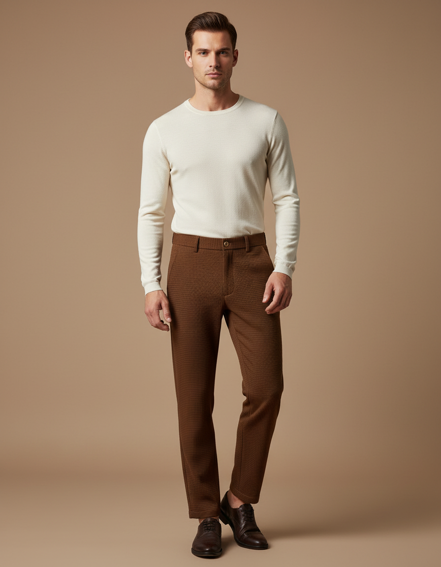 Pantalon Pied De Poule Marron Homme - Tweed
