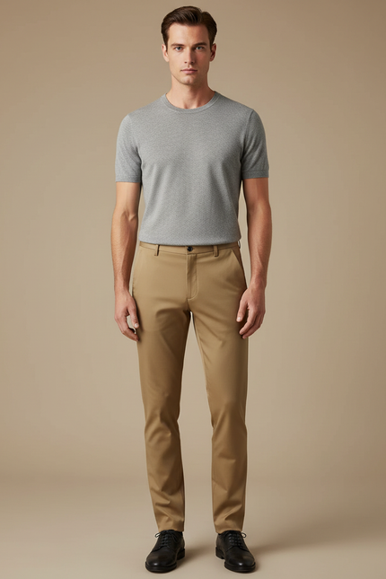 Pantalon Marron Chino Droit Élégant Homme - Camel Gabardine