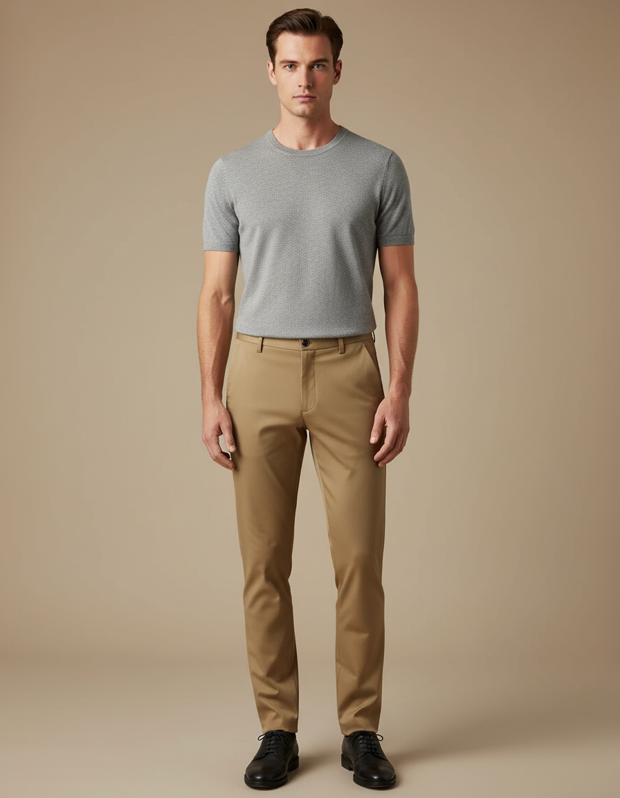 Pantalon Marron Chino Droit Élégant Homme - Camel Gabardine