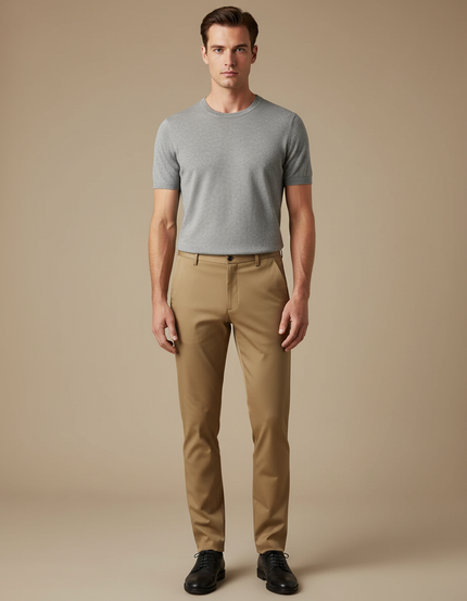 Pantalon Marron Chino Droit Élégant Homme - Camel Gabardine