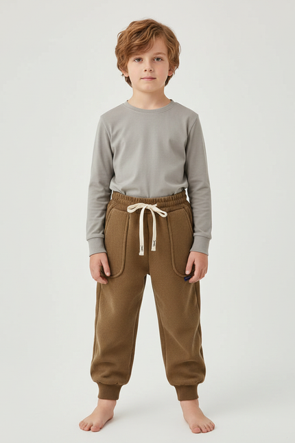 Pantalon Marron Côtelé Ample Décontracté Élastiqué Enfant - Cordé