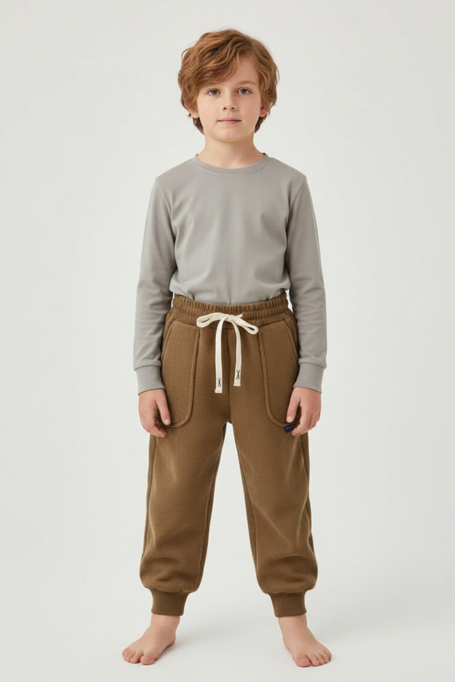 Pantalon Marron Côtelé Ample Décontracté Élastiqué Enfant - Cordé