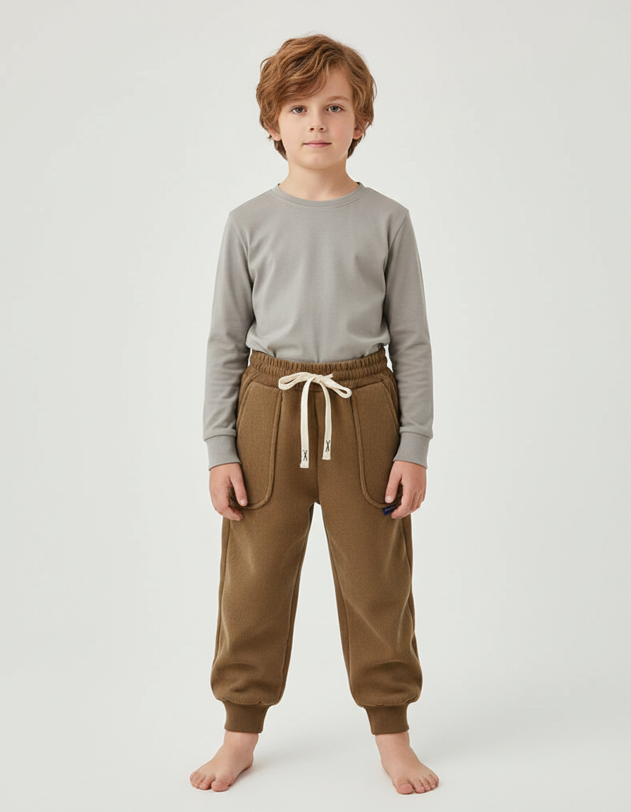 Pantalon Marron Côtelé Ample Décontracté Élastiqué Enfant - Cordé