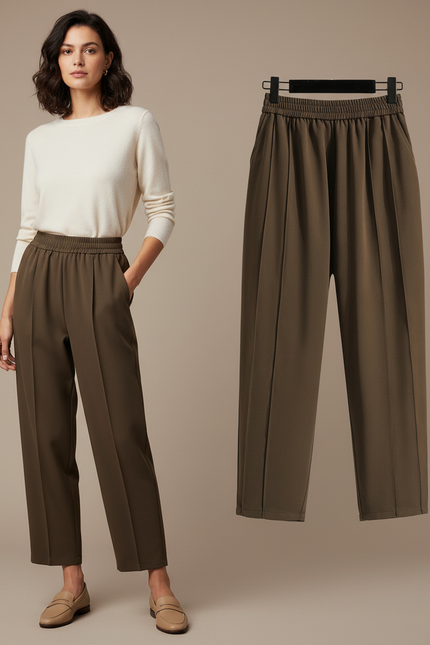 Pantalon Marron Ample Taille Haute Plissé Élastiqué - Kaki Polyester