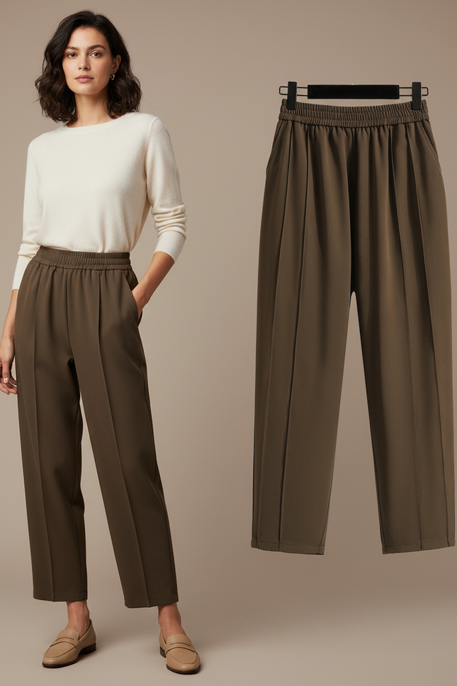 Pantalon Marron Ample Taille Haute Plissé Élastiqué - Kaki Polyester