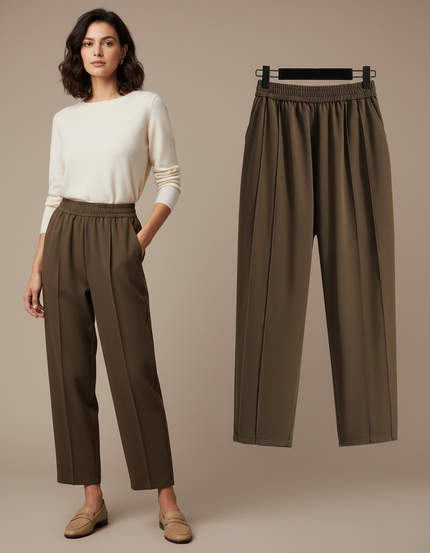 Pantalon Marron Ample Taille Haute Plissé Élastiqué - Kaki Polyester