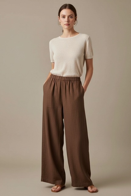 Pantalon Marron Ample Lin Taille Haute Femme
