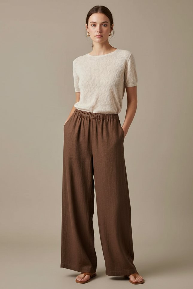 Pantalon Marron Ample Lin Taille Haute Femme